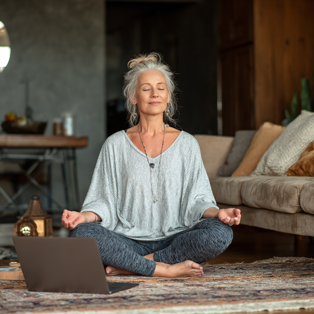 Жена на 52 години практикува йога у дома пред лаптоп