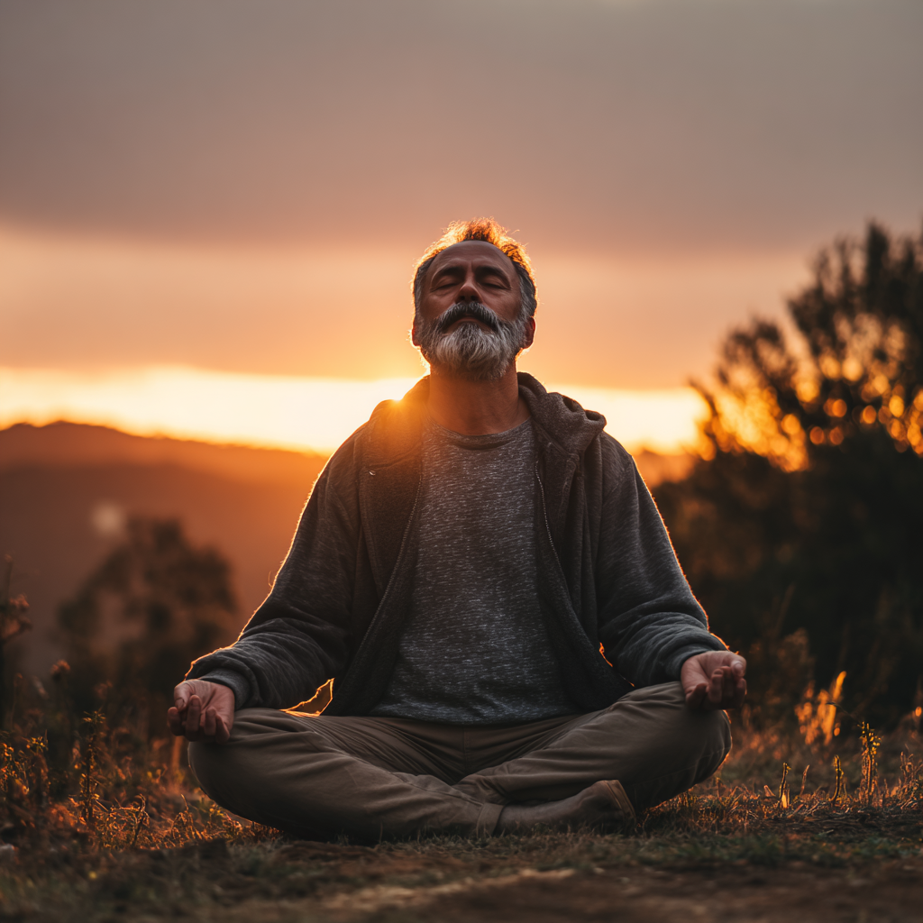 Мъж на 58 години медитира в спокойна поза сред природата