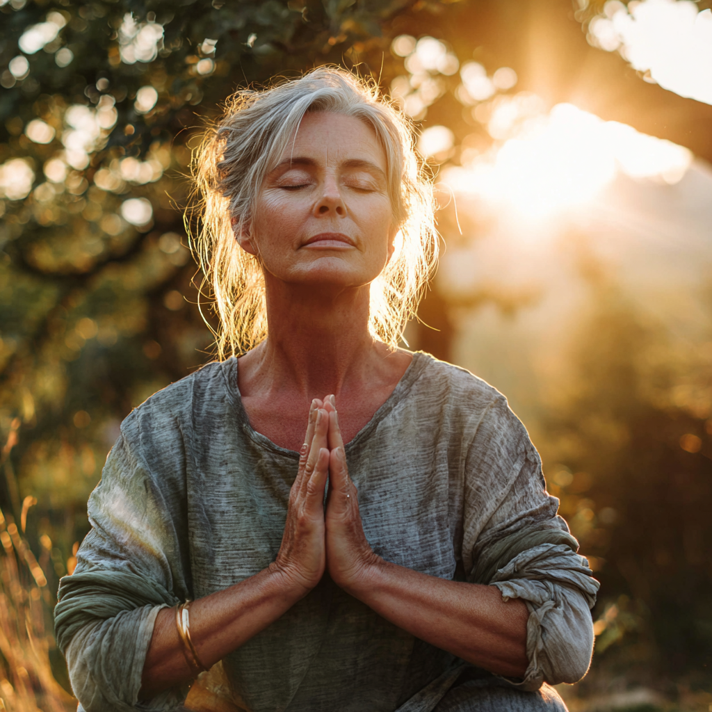 Спокойна жена на 55 години практикува йога на природа в утринните лъчи