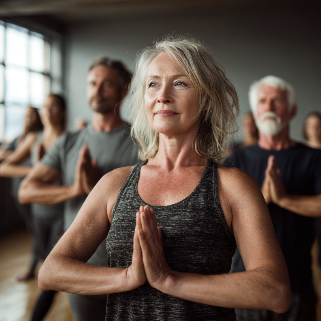 Група от хора на 50-60 години правят йога заедно в студио